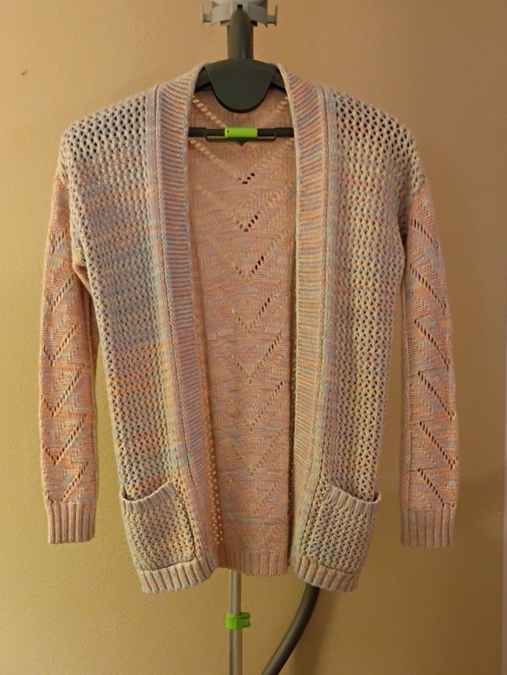 Pastel Pink Open-Front Pointelle Cardigan with Pockets